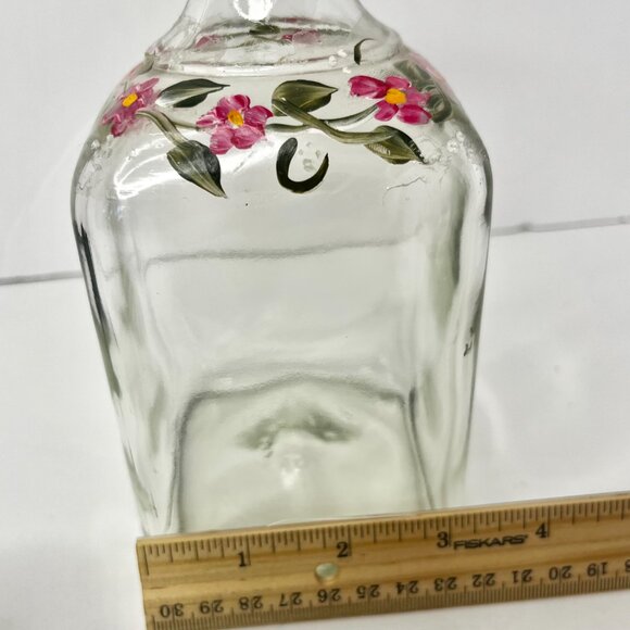 Floral Clear Glass Apothecary Bottle Hand painted Pink Flowers & Green Leaves - Picture 11 of 12